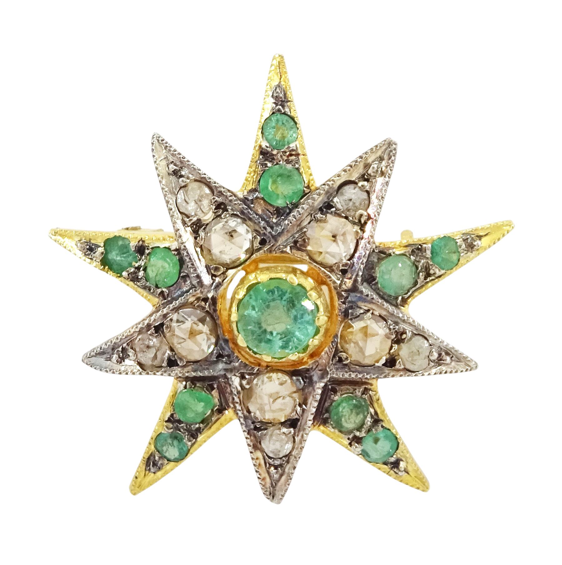 Silver-gilt diamond and emerald star pendant / brooch, with 14ct gold pendant bail, total diamond weight approx 0.50 carat, total emerald weight approx 0.60 carat