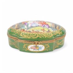 French bombee casket, Sevres style, painted with floral sprays inside gilt frames on a a g...