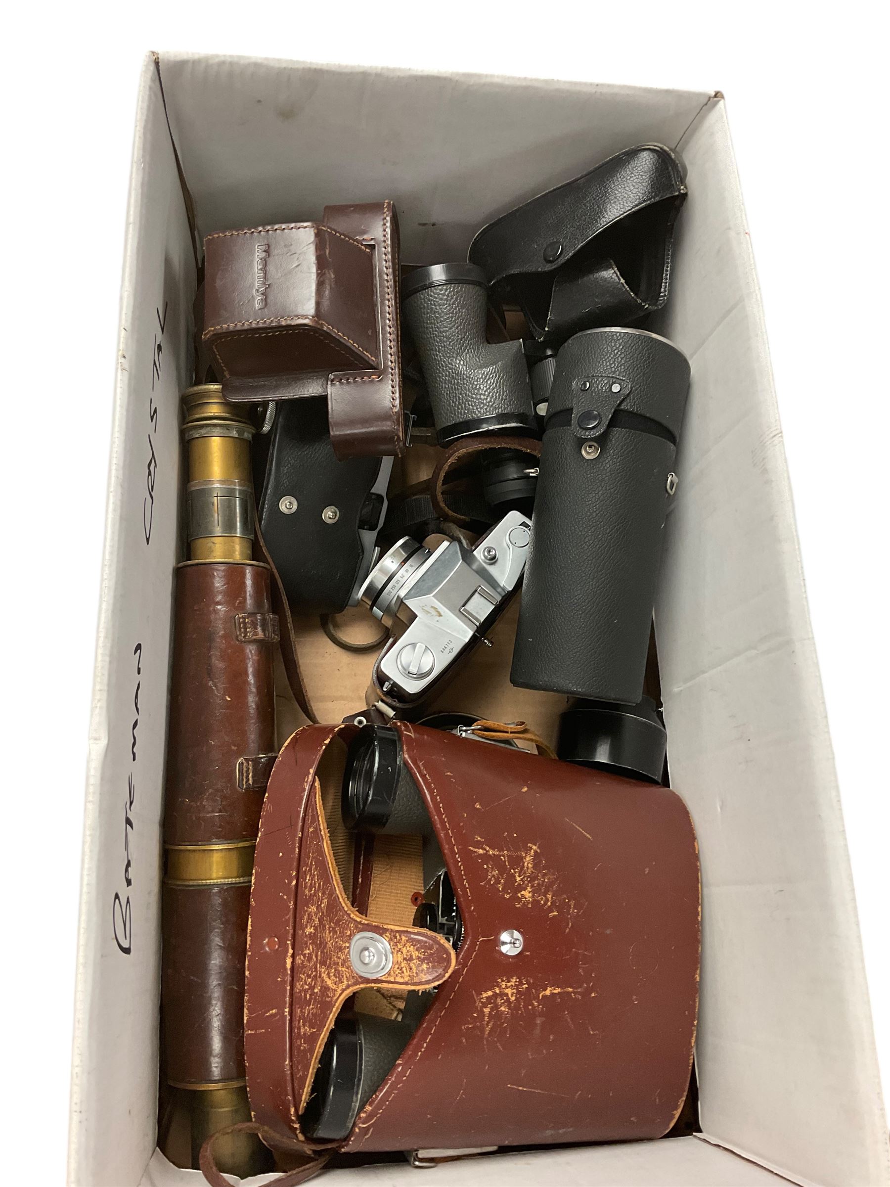 Various cameras and binoculars, including 'Miranda 75-300mm 1:4.5-5.6 MC Macro' lens, Audubon MK II binoculars etc 
