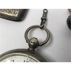 Edwardian silver open faced lever pocket watch, with subsidiary seconds dial, by WE Watts Nottingham, hallmarked William Ehrhardt, Birmingham 1906, together with a silver Albert chain, silver tiger's eye unicorn fob, and a silver vesta case with double sided fob, all hallmarked 