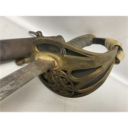 Victorian British Army officer's sword by Hobson & Sons Little Windmill Street London, the 82cm fullered steel blade etched with crowned Victoria cypher and 'HM 1st West York R.V.', lined gilded brass three-bar hilt incorporating Victoria cypher and wire-bound fish skin grip with plaited knot; in steel scabbard with two hanging rings L99cm overall