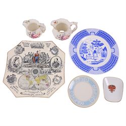 Royal Doulton nursery rhyme trio 'there was a little man, and he had a little gun', pewter coffee pot and tankards, commemorative ware, two mallet decanters, etc