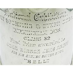 Victorian silver tankard of slightly tapering cylindrical form with engraved dedication to body, and angular scroll handle, upon a flared foot with beaded border, hallmarked Birmingham 1868, H14cm, approximate weight 13.76 ozt (428.2 grams)