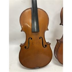 Four violins 1/8th size; half size with Nicolas Bertholini label; three-quarter size with Stradivarius copy label; and full size with Marquis De L'Air label (4)
