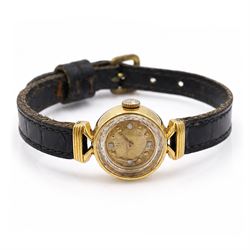 Omega ladies 18ct gold manual wind wristwatch, Cal. 483, gilt dial with diamond and dot hour markers, Helvetia hallmark,