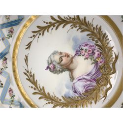 Mid 19th century Sevres Louis Philippe period porcelain cabinet plate, decorated with a head and shoulder portrait of Madame de Parabere, with gilt laurel wreath surround and entwined ribbon and floral border to rim, inscribed verso Mme de Parabere, with date mark for 1837, indistinct red inventory mark and blue monogram mark, D23.5cm 