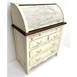 Laura Ashley Bramley range French style cream painted tambour roll top bureau desk, fitted interior, single slide above two short and two long drawers 