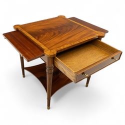 Maitland Smith - Pair of mahogany side tables, the rectangular top with rounded corners, the top edge inlaid with movingui wood, above two under-tier shelves, and frieze drawer, supported on stop-reed and acanthus foliate carved legs united by platform stretcher, raised on brass sabot foot caps