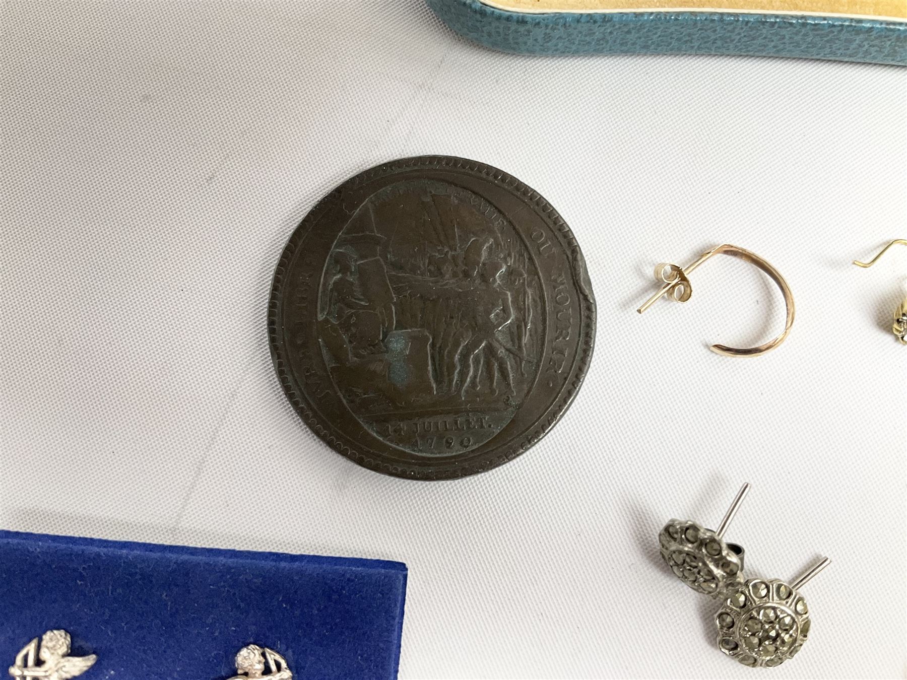 Two gold signet rings and a sapphire, opal and diamond ring, single stone diamond ring, pair of gold stone set earrings and other gold earrings, all 9ct stamped or hallmarked, silver earrings and other costume jewellery