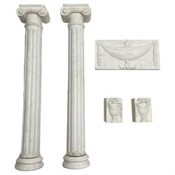 Pair of Classical design marble pilasters, each in three sections comprising of ionic order capitals with scrolled sides, the fluted column, and the moulded footed bases (W16cm D10cm H83cm); Classical design marble wall plaque, the relief sculpture depicting a kylix vase with ribbons draped from the handles (W35cm x H17cm); and a pair of marble blocks with reliefs of campana urns with lids and bellflower garlands (W8cm D7cm H12cm)