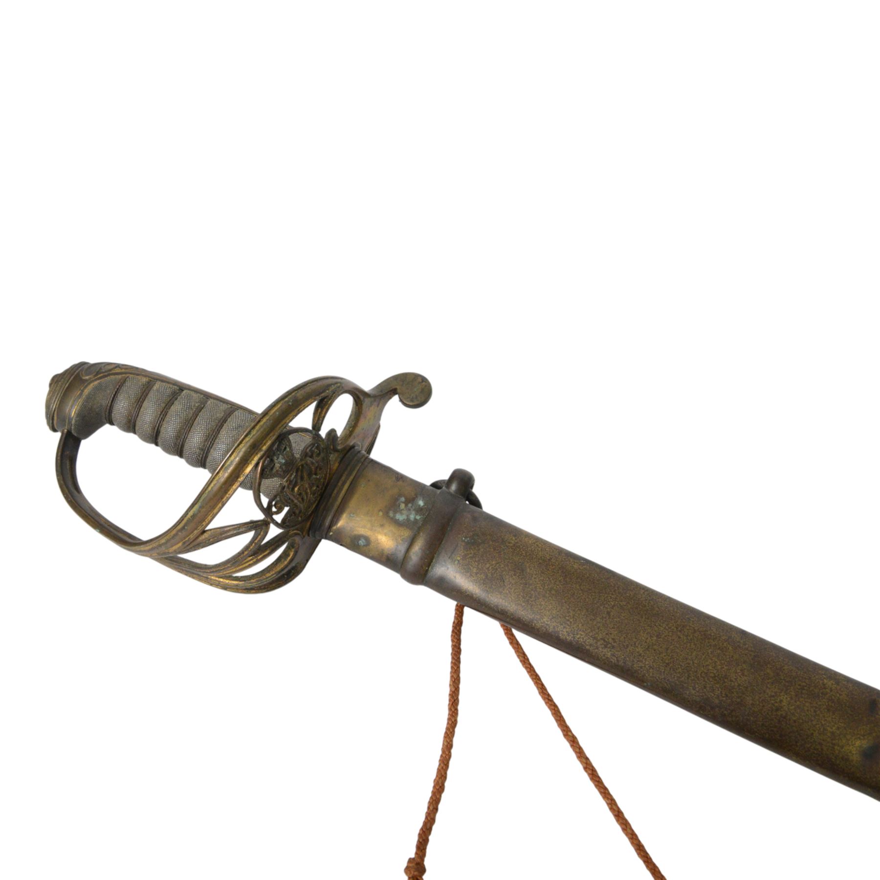 British Victorian 1845 Pattern Infantry Officer's Sword, by Henry Wilkinson, the 81cm blade by Henry Wilkinson, etched with the crowned VR cypher amidst scrolling foliage,folding sideguard, wire bound fishskin covered grip, within brass scabbard, twin suspension rings, overall L100cm