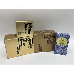 Nikon F3T camera body, in champagne/ titanium colourway, serial no. T8215031, with 'Nikon Nikkor 50mm 1:1.4' lens, Nikon MD4 motor drive, serial no. 156592 and Nikon MK-1 Firing range converter, all with original boxes 