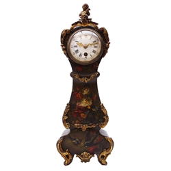  Small Victorian mantel timepiece in the form of a Grandfather clock white Roman convex dial with Arabic five minute divisions, gilt metal mounted Rococo case painted birds and foliage, movement stamped 3144, H35cm, W12cm,   