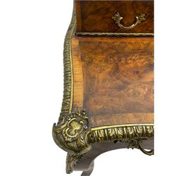 Late 19th to early 20th century French figured walnut writing desk, raised back fitted with drawers, shaped top with Kingwood banding and foliage cast edge moulding, fitted with single drawer, on cabriole supports mounted by shell and flower head cartouches 
