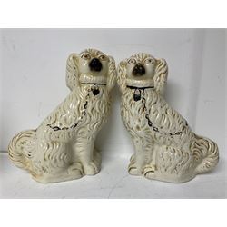 Staffordshire figure of the Duke of Wellington on a bay horse, H30cm in red uniform, together with a similar Staffordshire figure of Dick Turpin, pair of Staffordshire style dogs, H27cm, three Meissen style double salts and two trinket boxes 