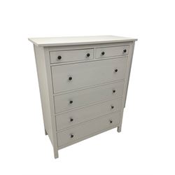 IKEA - 'Hemnes' white finish straight-front chest, fitted with two short and four long drawers; and IKEA - 'Hemnes' pair white finish bedside chests, fitted with two drawers
