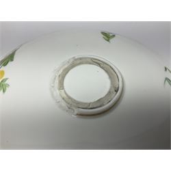 Victorian Copeland, Botanical dessert service, decorated with floral sprigs to the centre with a pink and gilt border, comprising five comports and seven plates, largest comport H20cm, plate D22cm