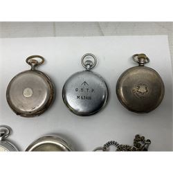 Three silver cased pocket watches, to include two hallmarked Birmingham 1923 and 1914 A.LD (Aaron Lufkin Dennison/Dennison Watch Case Co), and two base metal pocket watches including a CYMA military issue pocket watch with ministry broad arrow, G.S.T.P. M 63416