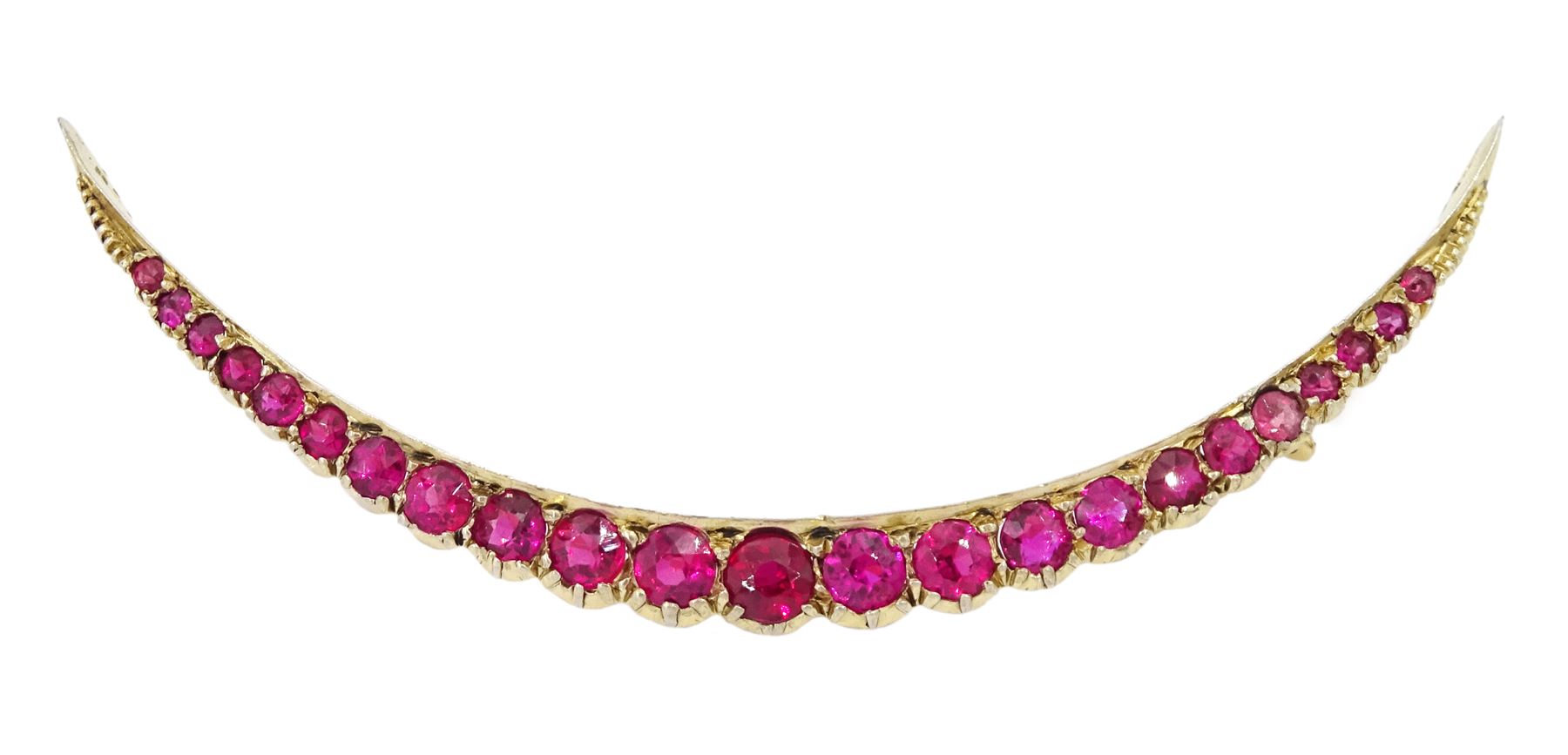 Early 20th century 9ct gold synthetic ruby crescent brooch, in fitted silk and velvet lined box by Searle & Co, London