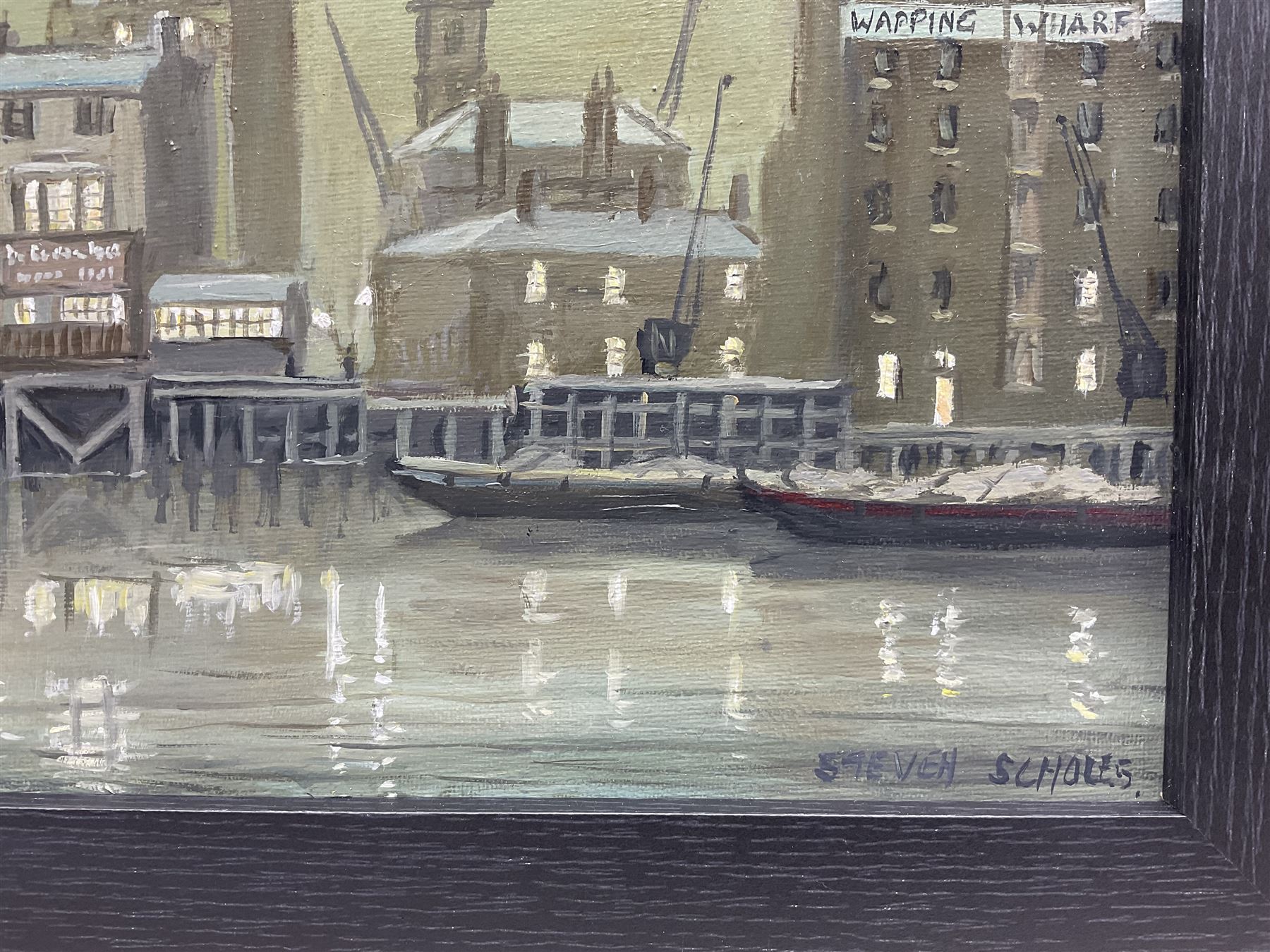 Steven Scholes (Northern British 1952-): 'The Prospect of Whitby - Wapping East London', oil on canvas signed, titled verso 19cm x 37cm