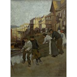 After Stanhope Alexander Forbes (Newlyn School 1857-1947): Figures looking over the Harbour, oil on canvas board bears initials 69cm x 51cm