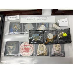 Enamel Horse racing members badges, together with three framed signed racing characters jockey prints, including Steve Smith Eccles, Willie Shoemaker and Greville Starkey, and one other print