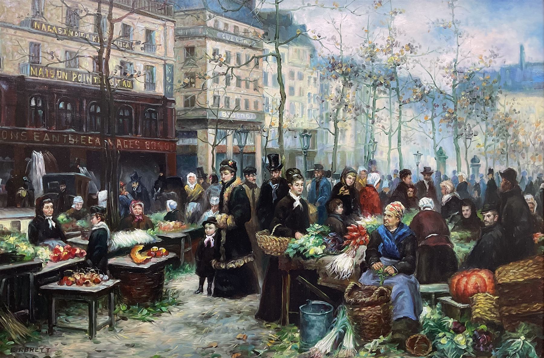 E R Brett (Continental 20th century): French Market Scene, oil on canvas signed 60cm x 90cm in heavy ornate gilt frame