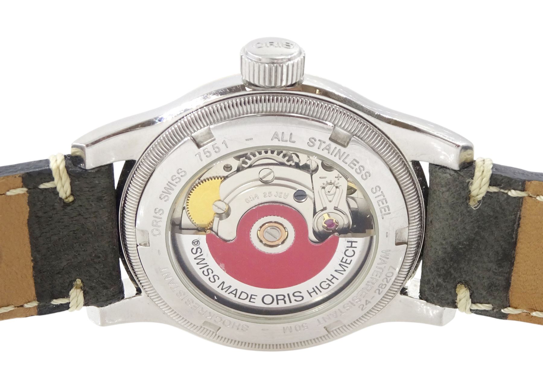 Oris Big Crown Original Pointer Date gentleman's stainless steel automatic wristwatch, Ref. 7551, Cal. 654, silvered dial with dagger and Arabic hour markers, exhibition back case and rose gold-plated bezel, on Squale grey leather strap