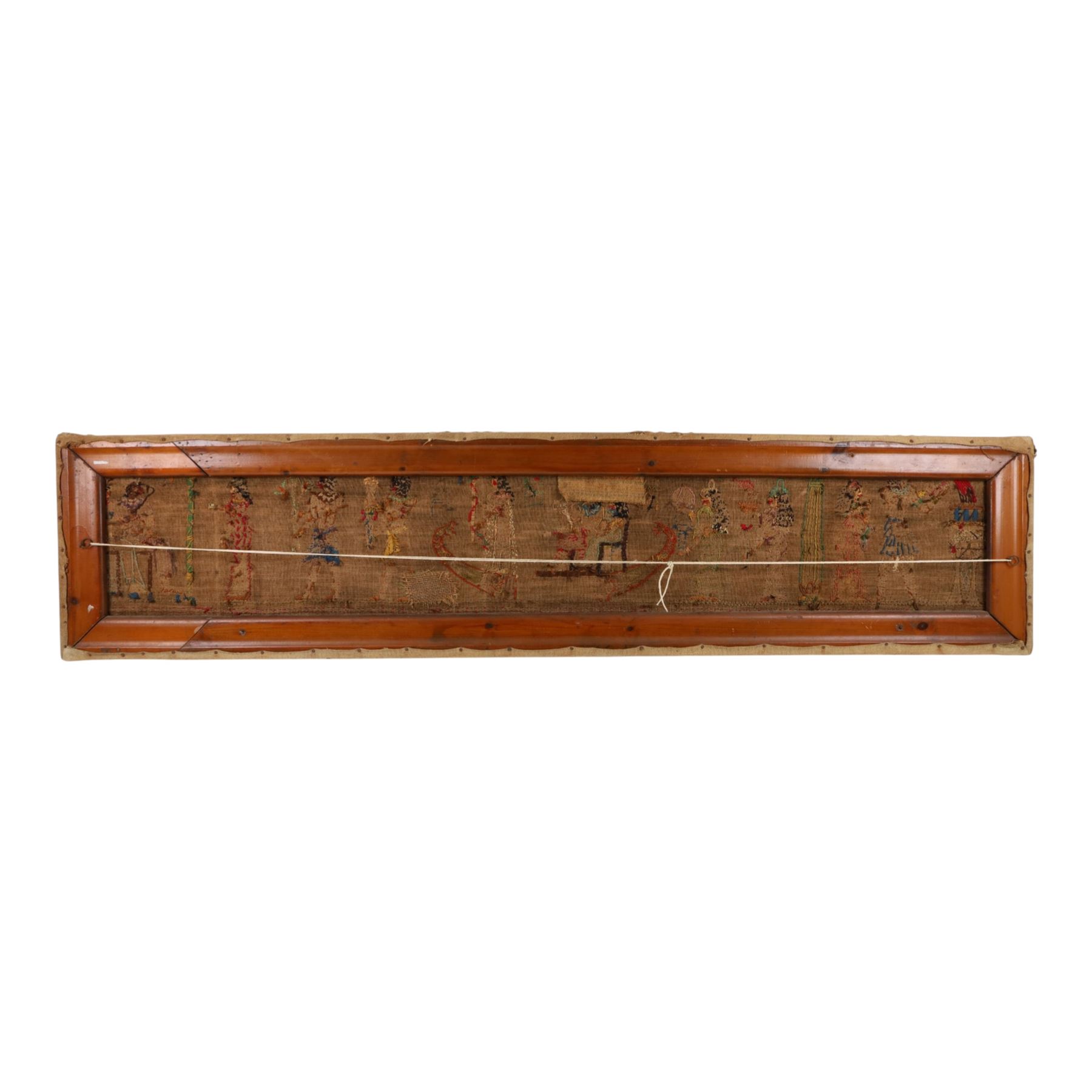 Egyptian revival tapestry, likely depicting scenes from Book of the Dead or similar text  of various figures in traditional attire, L160cm, H36cm 