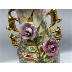Mid-late 20th century French vase of baluster form by M. Depose, with applied floral decoration and gilding, and twin handles, with impressed mark beneath, H55cm