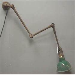  1930's/ 40's Dugdills machinist's wall/ table mounted lamp, articulated tubular iron stem and green enamelled shade, total length 130cm, re-wired (This item is PAT tested - 5 day warranty from date of sale)   