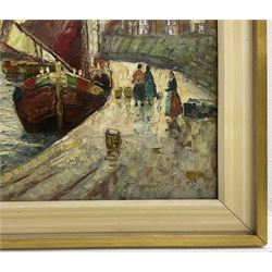 Claude Montier (20th Century): Figures and Ships Along the Promenade, oil on canvas signed 59cm x 79cm