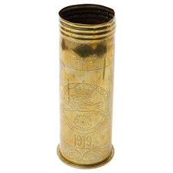 First World War trench art shell casing, decorated with crest for The Kings Own Royal Lancaster Regiment, one side decorated with detailed portrait; together with Two Victorian Brass finger plates together with a brass badger and a saussurite model of a pig