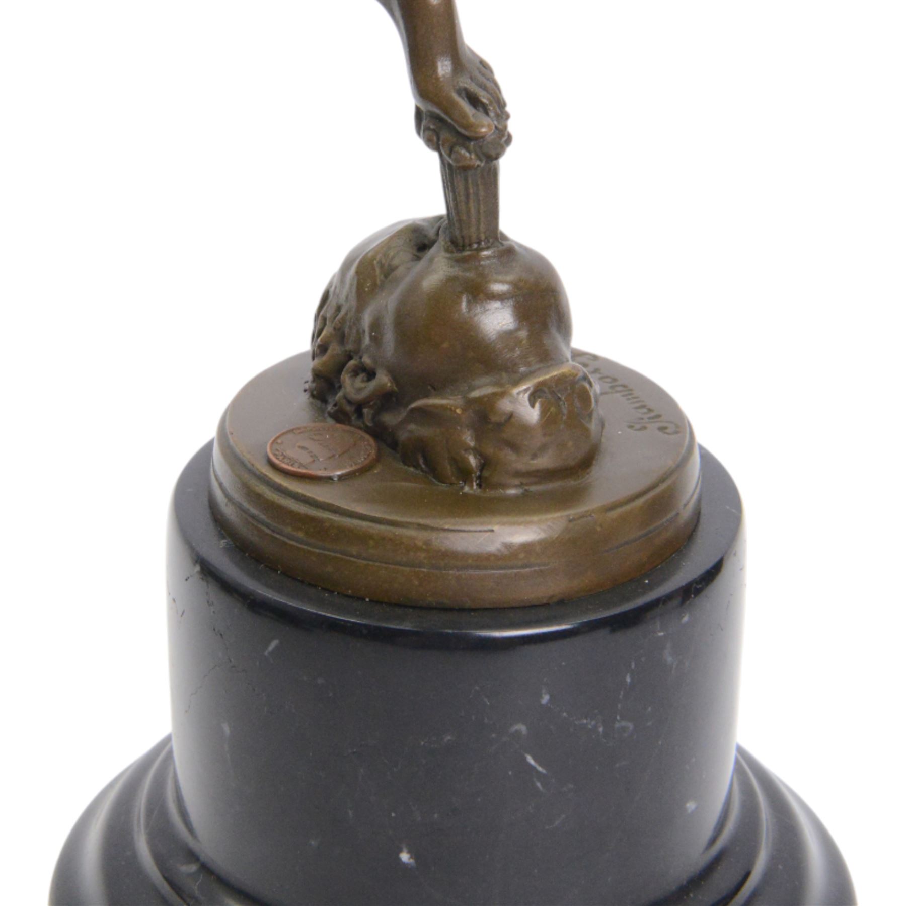 After Giambologna (Flemish 1529-1608): Bronze figure of Mercury holding a caduceus, on black marble base H43cm