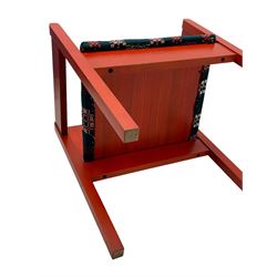 Prince Charles Investiture Chair - designed by Lord Snowdon, manufactured by Remploy, 1969, red finish and decorated with the Prince of Wales's feathers and moto 'Ich Dien' in gilt, later upholstered seat in 1950s design Welsh blanket weave fabric 