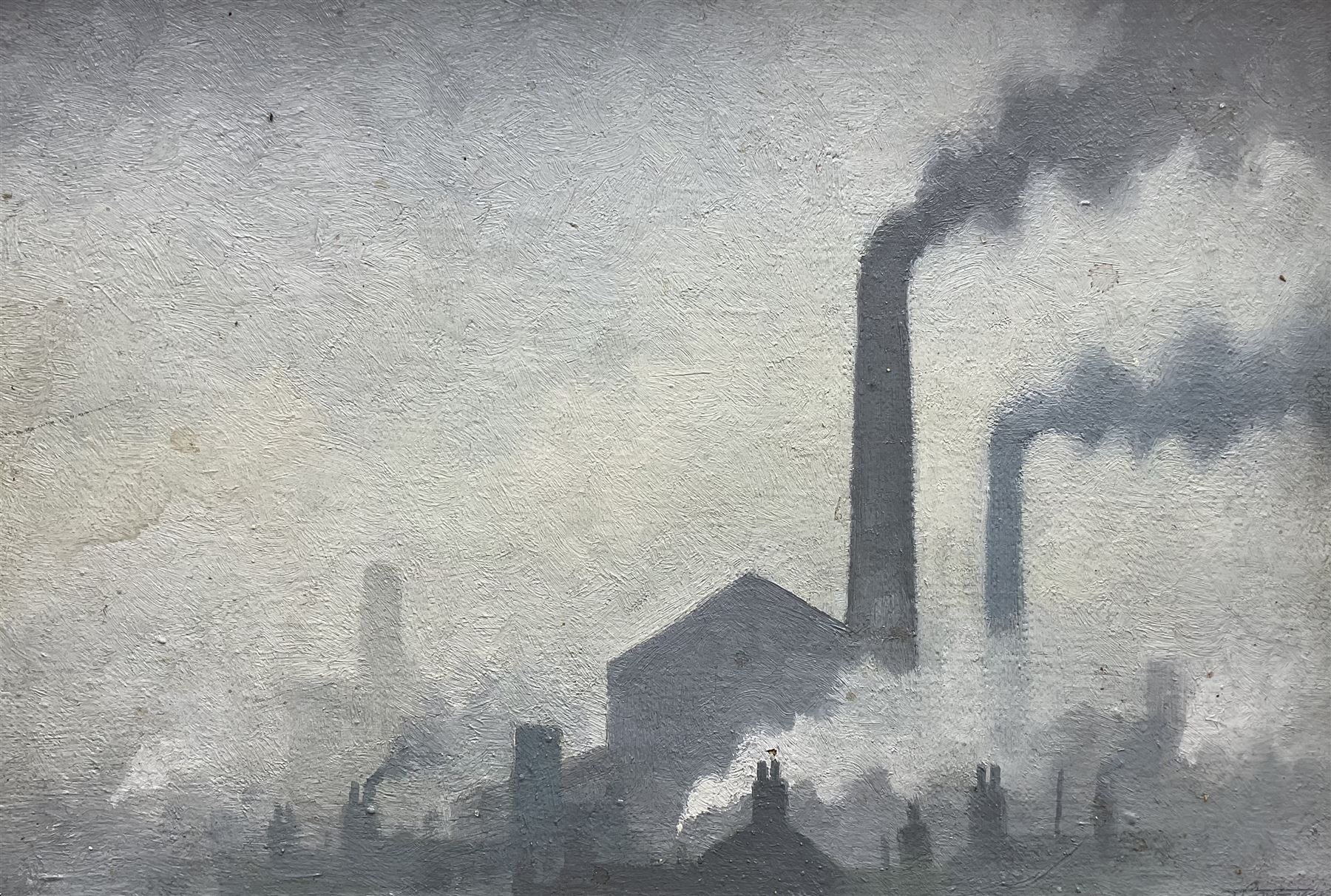 Trevor Grimshaw (Northern British 1947-2001): 'Industrial Scene with Two Chimneys', oil on canvas signed and dated '71, titled verso 16cm x 24cm