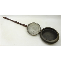  19th century pewter warming pan, pierced cover with wrigglwork stylised trailing foliage, stamped St. Lambert J.J.G, on turned oak handle, L113cm   