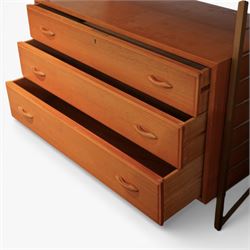 Staples - 'Ladderax' wall mounted modular teak unit, comprising two shelves, a fall front cabinet above three drawer unit below, supported on metal ladder frames 