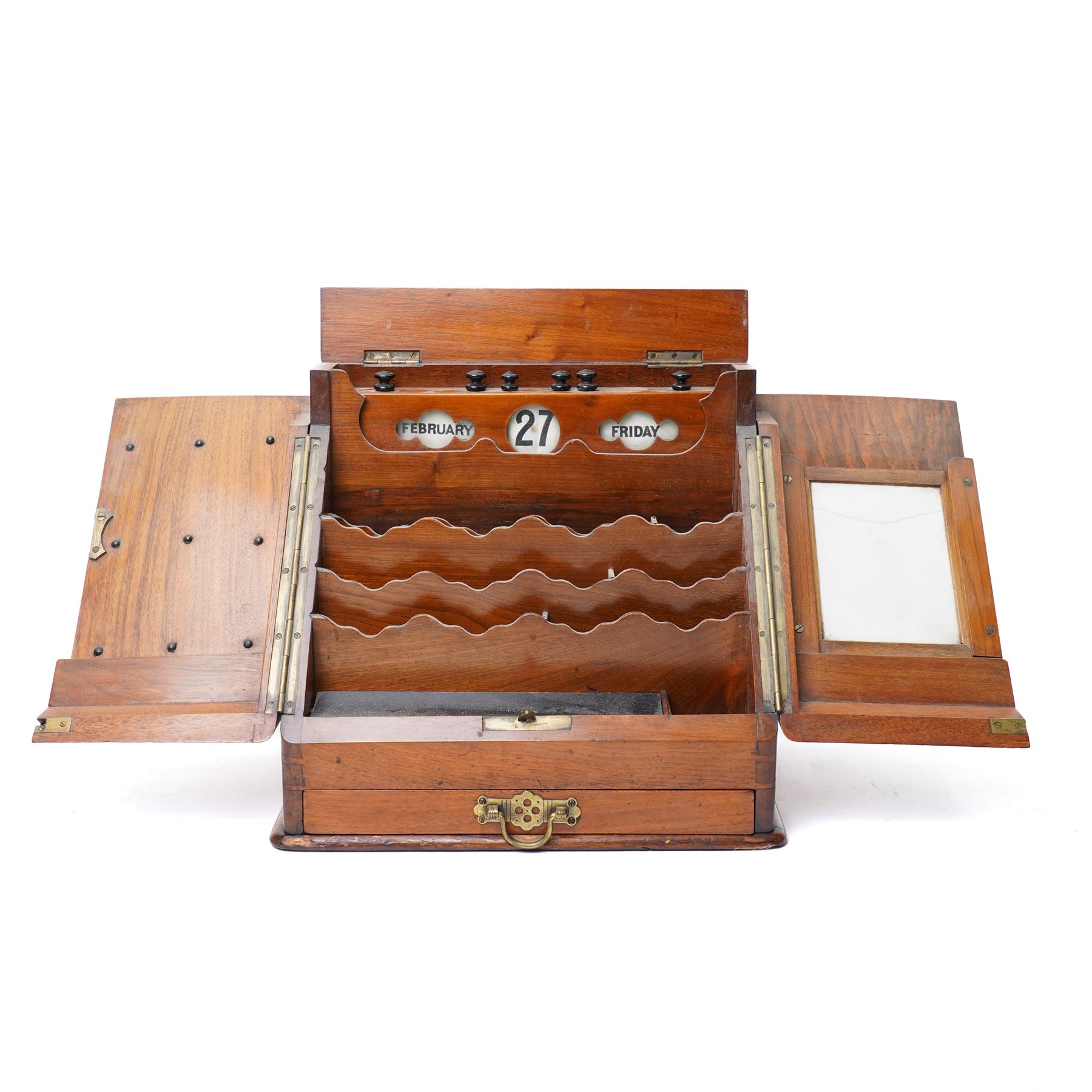 Edwardian walnut stationery casket, the dividing doors revealing a fitted interior with stationery racks and perpetual calendar, single drawer under W30cm