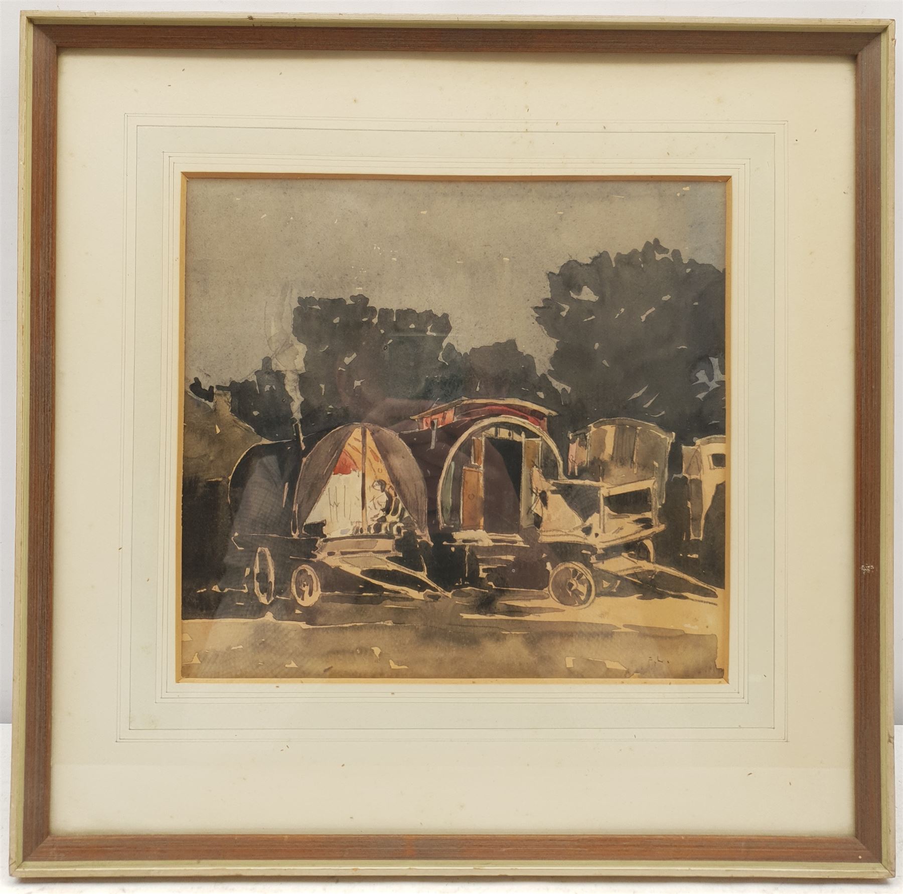 Frederick (Fred) Lawson (British 1888-1968): Romany Gypsy Caravans at Redmire Feast, watercolour signed with initials 22cm x 24cm