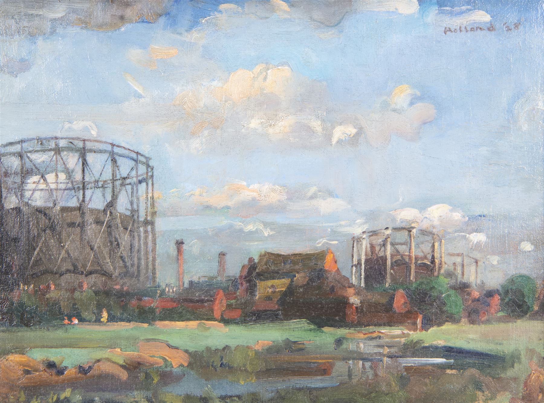 George Herbert Buckingham Holland (British 1901-1987): Industrial Scene - Northampton Power Station, oil on canvas signed and dated '28, 30cm x 40cm