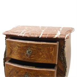 20th century Louis XV style kingwood chest, serpentine rectangular rouge marble top above five graduated drawers with ornate gilt metal handles and escutcheons, the sides inlaid with floral marquetry panels, raised on shaped cabriole supports