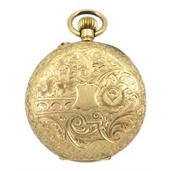 Early 20th century ladies 14ct gold keyless cylinder fob watch, case with bright cut decoration stamped 14c