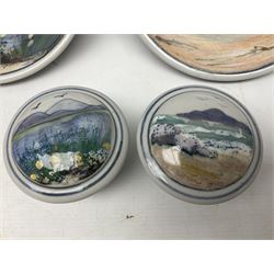 Highland Stoneware Scotland, decorated with landscapes and seascapes, comprising of two bowls, plate and two covered trinket boxes 