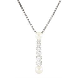 18ct white gold pearl and diamond pendant necklace, six graduating round brilliant cut diamonds set between two white cultured pearls, the largest two diamonds approx 0.55 carat each, total diamond weight approx 1.90 carat