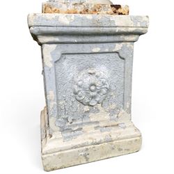 Victorian weathered heavy ornate cast iron garden centerpiece urn, distressed white and duck egg blue painted, raised on square plinth with rose detail 