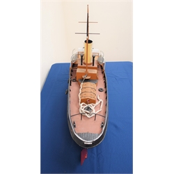  Large scale model of the Tug Joffre, on wooden stand, built from Model Boats Plans Service, L93cm, H54cm: Built Ardrossan and completed in 1916 No.135730 on Admiralty service 1917, then later chartered to Tyne Tugs Ltd. broken up in March 1966  