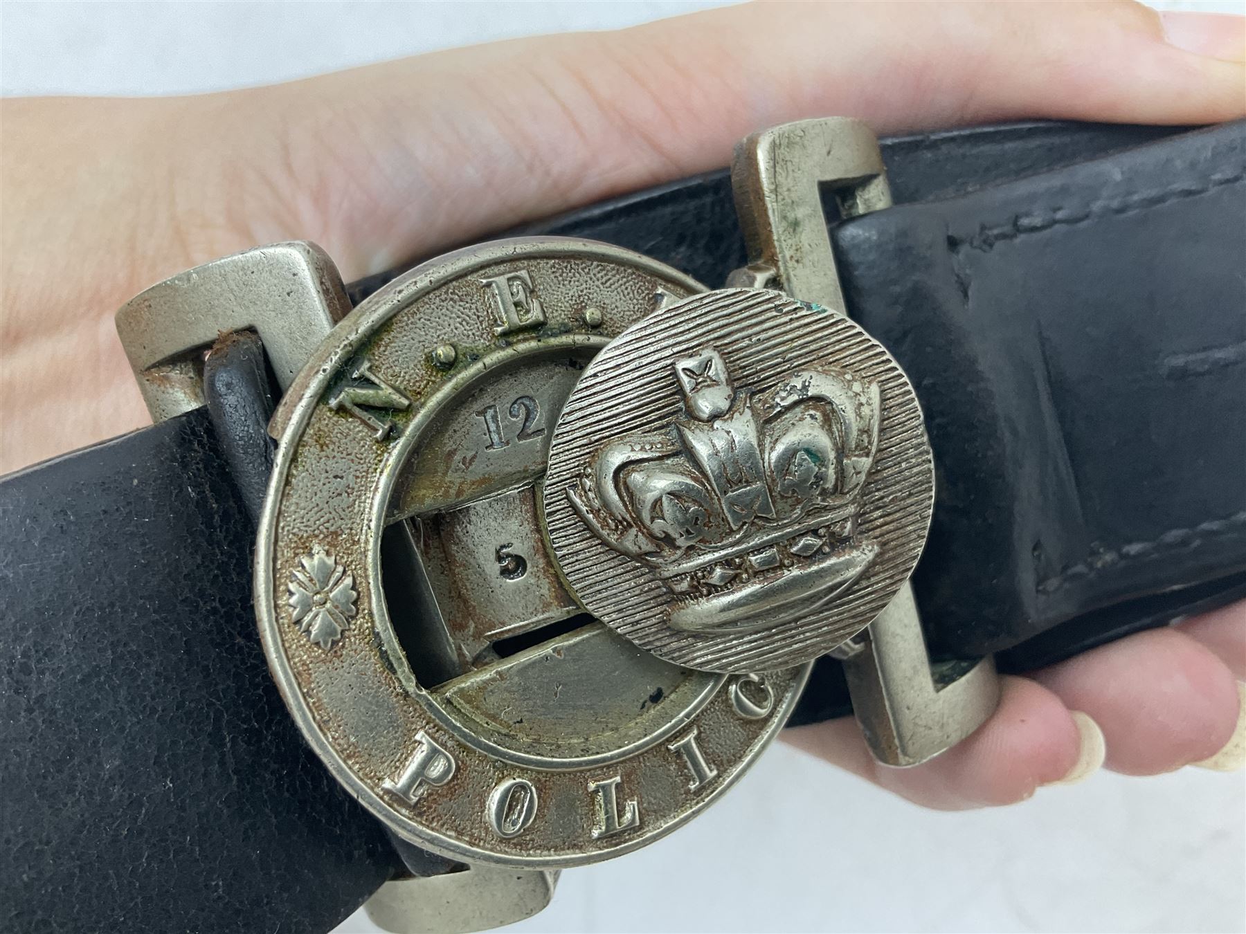 North Eastern Railway Police adjustable leather belt with steel buckle; crudely inscribed '270'