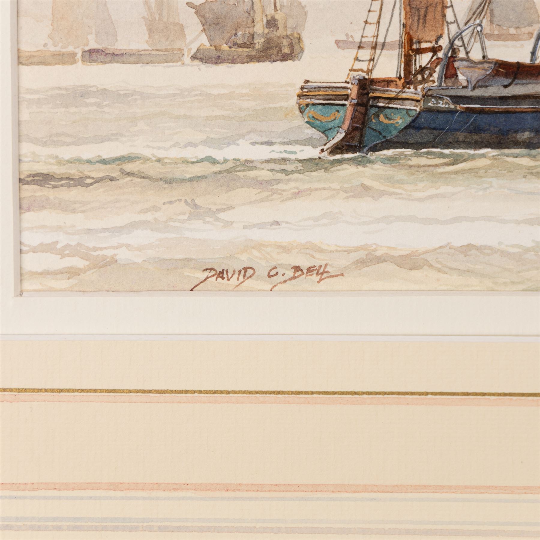 David C Bell (British 1950-): 'True Briton off Wapping c1867', watercolour signed, titled verso 38cm x 63cm
Notes: The True Briton was built in 1861 for R Wigram & Sons at the famous Blackwall Yard on the Thames. The third ship of that name, this wood-built passenger ship, 1046 tonnes and 195 feet in length, was the final development of the 'Blackwall' or more accurately 'frigate-built' ship, made famous by the Honourable East India Company, of which the Wigram and Greene Yards at Blackwall built so many. Seen here leaving Wapping for a passage to Australia the True Briton was last owned by John Smith of London and ended her days as a coal-hulk. 
