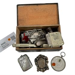 Silver Albert chain, silver Albertina chain, both with base metal fobs attached, silver plaque stamped 830 and a collection of silver plated vesta cases, knives etc
